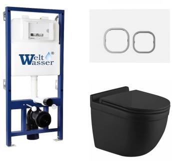 Унитаз с инсталляцией WeltWasser BAMBERG 525+HEIMBACH 043 MT-BL+BAMBERG WT черный матовый/кнопка белая, безободковый, с крышкой микролифт, слив торнадо