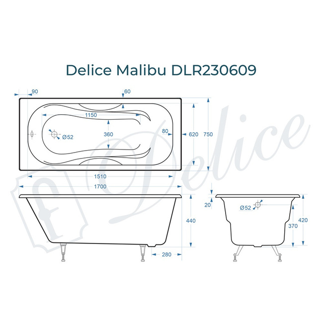 Delice Malibu 170х75 (в комплекте только ванна, без ножек и слива-перелива)