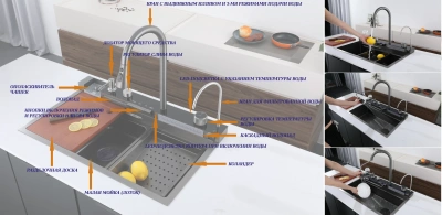 Ceruttispa GLORIA II nano black (серая) кухонная, многофункциональная, из нержавеющей стали, (750х460х230)