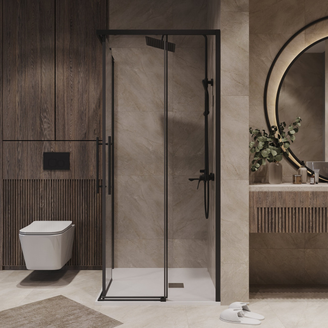 Niagara Nova NG-6830-34BLACK (100*100*195) квадрат, раздвижная, черный матовый, стекло прозрач,1м без поддона