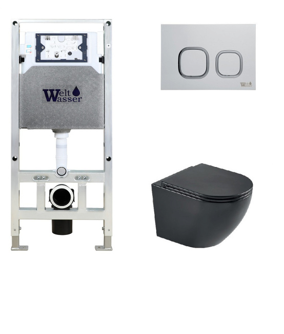 Унитаз с инсталляцией WeltWasser AMBERG 506 ST + HEIMBACH 043 MT-BL + AMBERG RD-MT CR черный матовый/кнопка матовый хром
