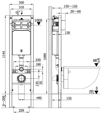 Унитаз с инсталляцией WeltWasser AMBERG 350 + MERZBACH 043 GL-WT + AMBERG RD-BL белый/кнопка черный-хром