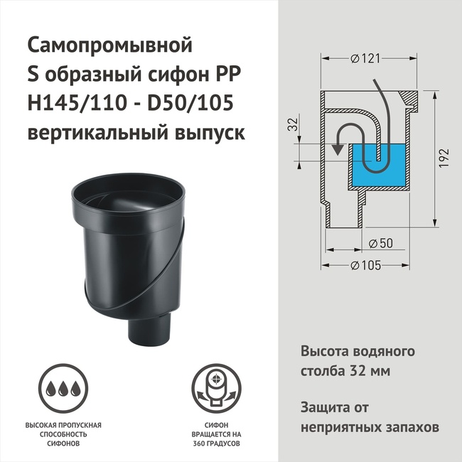 BERGES водосток C1 Norma 300, матовый хром, S-сифон D50/105мм H50 вертикальный