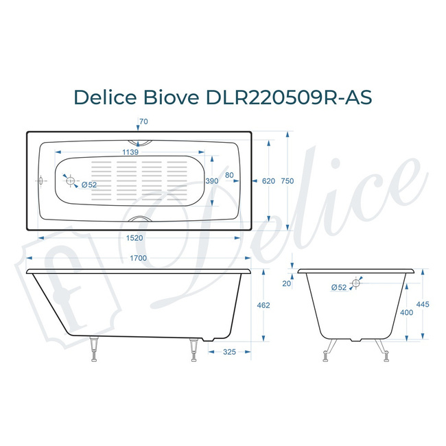 Delice Biove 170х75 с ручками и антискользящим покрытием (в комплекте только ванна, без ножек и слива-перелива)